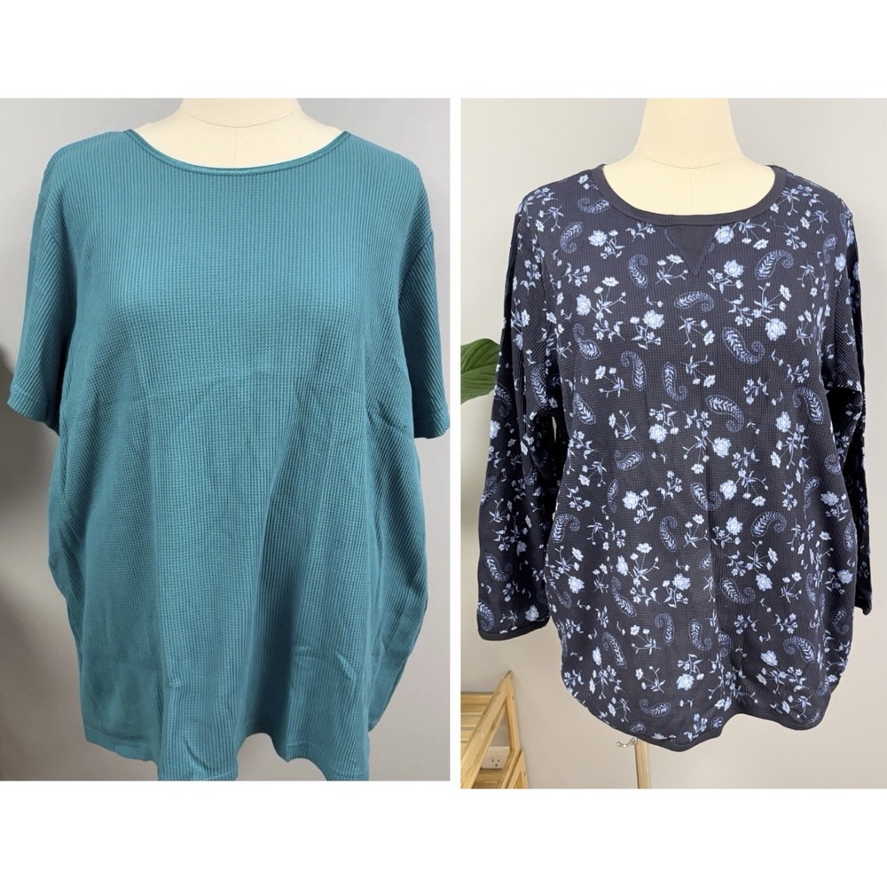 NWOT Woman Within Thermal Waffle Knit Top 2X Lot of 2 Teal, Blue Floral *Read
